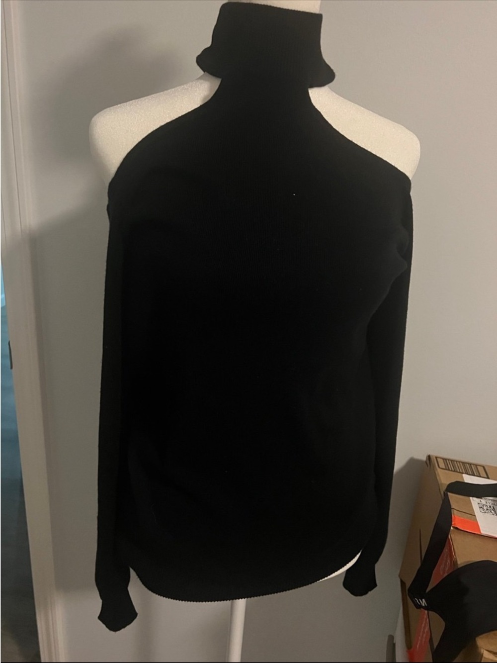 Cyrus Black Off-Shoulder Turtleneck Knit Sweater